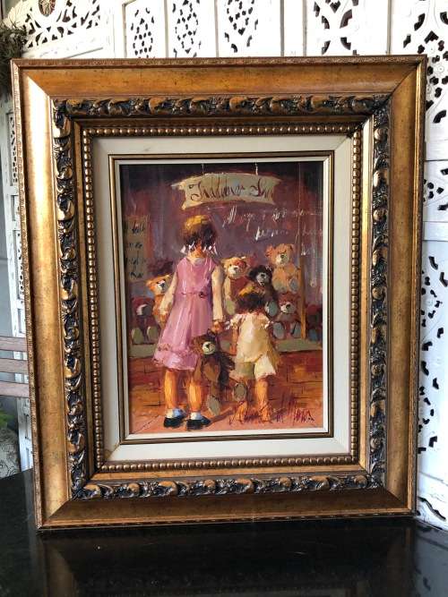 INVESTMENT ART !!! ANTIONETTE VAN DER MERWE (SA 1969 - ) FRAMED OIL ON BOARD PAINTING - TEDDY BEARS