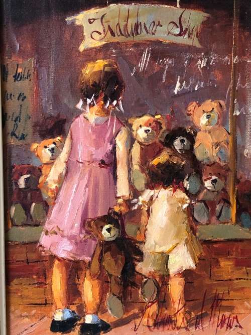 INVESTMENT ART !!! ANTIONETTE VAN DER MERWE (SA 1969 - ) FRAMED OIL ON BOARD PAINTING - TEDDY BEARS