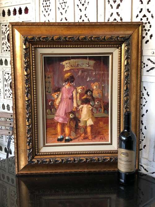 INVESTMENT ART !!! ANTIONETTE VAN DER MERWE (SA 1969 - ) FRAMED OIL ON BOARD PAINTING - TEDDY BEARS