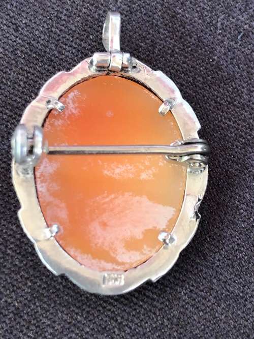 BEAUTIFUL VICTORIAN CONTINENTAL .800 SILVER MARCASITE AND CARVED SHELL CAMEO BROOCH / PENDANT