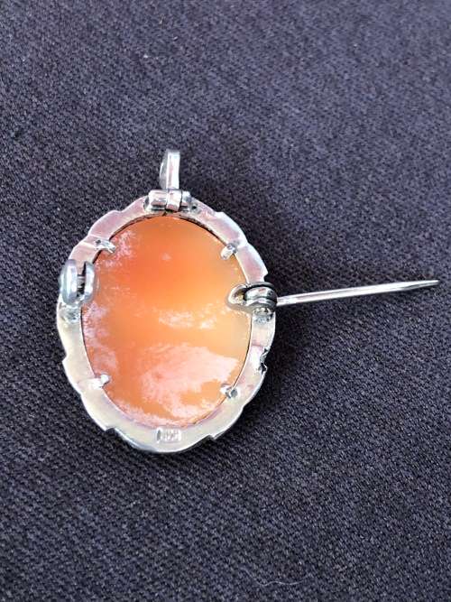 BEAUTIFUL VICTORIAN CONTINENTAL .800 SILVER MARCASITE AND CARVED SHELL CAMEO BROOCH / PENDANT