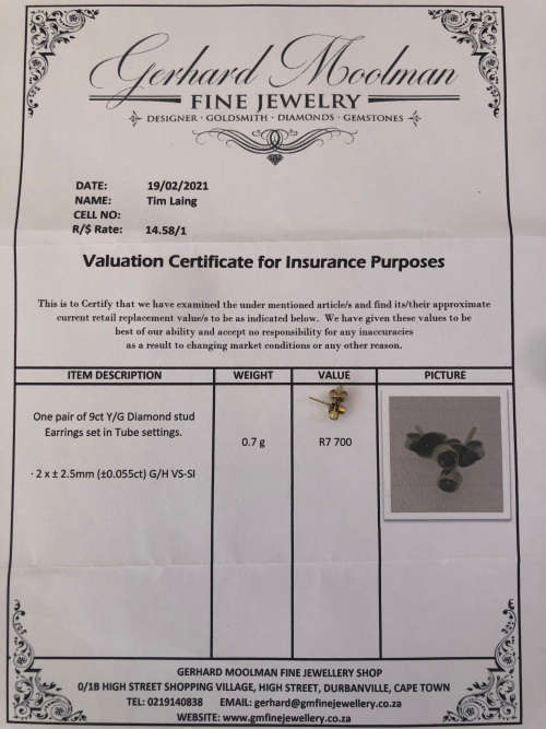 9ct YELLOW GOLD STUD DIAMOND EARRINGS - 2 X  2.5mm (0.055ct) G/H VS-SI - .7g - VALUATION R 7700.00