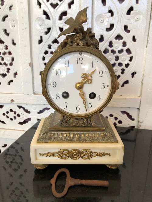 c1900 STUNNING SAMUEL MARTI BRONZE AND MARBLE BASED VICTORIAN MANTLE CLOCK - WITH KEY - WORKING 100%