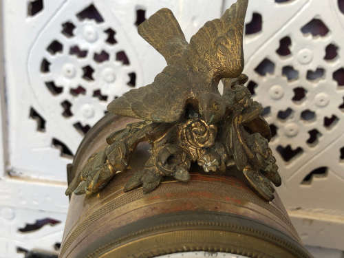 c1900 STUNNING SAMUEL MARTI BRONZE AND MARBLE BASED VICTORIAN MANTLE CLOCK - WITH KEY - WORKING 100%