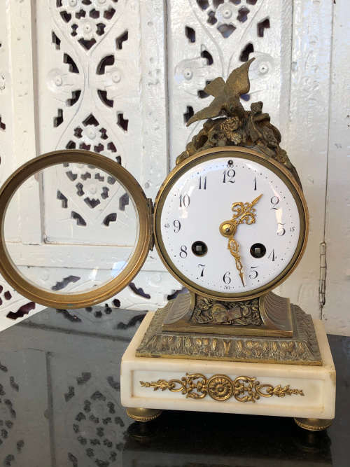 c1900 STUNNING SAMUEL MARTI BRONZE AND MARBLE BASED VICTORIAN MANTLE CLOCK - WITH KEY - WORKING 100%
