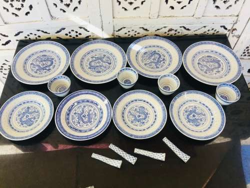Lot of 13 pc Vintage Marked Chinese Rice Grain Pattern Blue Dragon Hand Painted Tableware