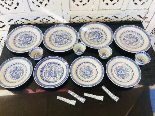 Lot of 13 pc Vintage Marked Chinese Rice Grain Pattern Blue Dragon Hand Painted Tableware