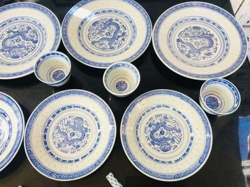 Lot of 13 pc Vintage Marked Chinese Rice Grain Pattern Blue Dragon Hand Painted Tableware