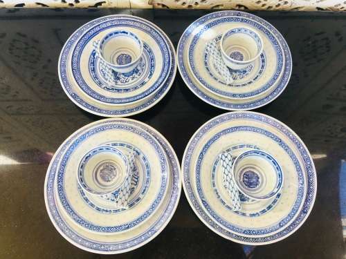 Lot of 13 pc Vintage Marked Chinese Rice Grain Pattern Blue Dragon Hand Painted Tableware