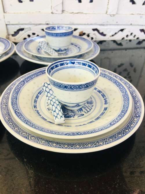 Lot of 13 pc Vintage Marked Chinese Rice Grain Pattern Blue Dragon Hand Painted Tableware
