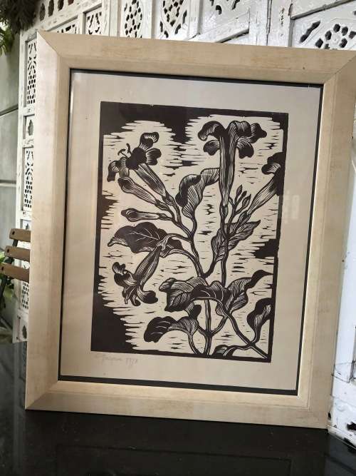 WOW !!! GREGOIRE BOONZAIER (1909 - 2005) RARE FRAMED LINOCUT OF FLOWERS - SIGNED AND DATED 1978