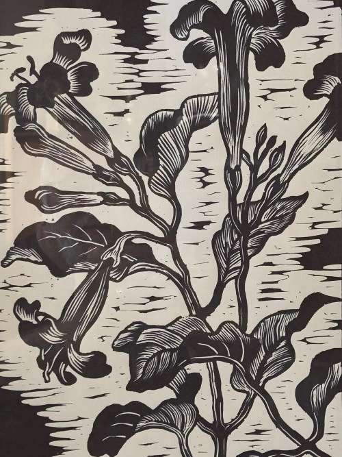 WOW !!! GREGOIRE BOONZAIER (1909 - 2005) RARE FRAMED LINOCUT OF FLOWERS - SIGNED AND DATED 1978