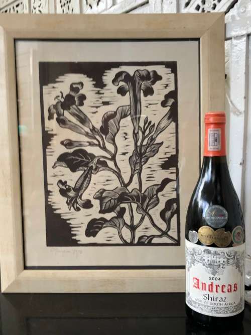 WOW !!! GREGOIRE BOONZAIER (1909 - 2005) RARE FRAMED LINOCUT OF FLOWERS - SIGNED AND DATED 1978