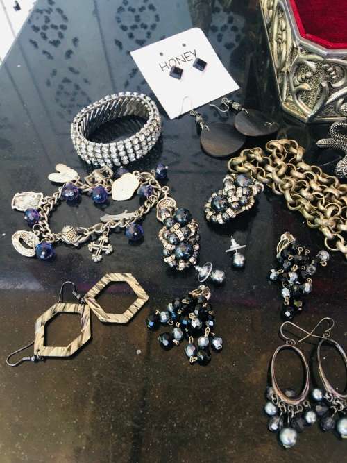 Silver Metal Jewellery Box full of Large Chunky Silver Tone Fashion Jewellery Pieces.
