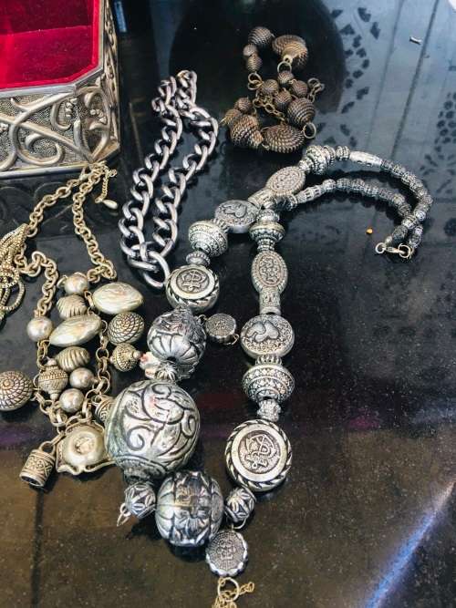 Silver Metal Jewellery Box full of Large Chunky Silver Tone Fashion Jewellery Pieces.