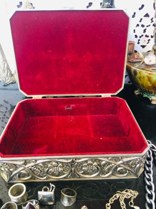 Silver Metal Jewellery Box full of Large Chunky Silver Tone Fashion Jewellery Pieces.