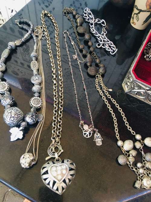 Silver Metal Jewellery Box full of Large Chunky Silver Tone Fashion Jewellery Pieces.