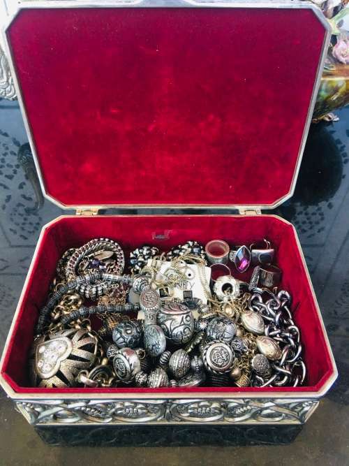 Silver Metal Jewellery Box full of Large Chunky Silver Tone Fashion Jewellery Pieces.