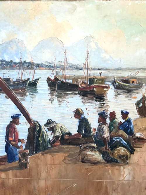 ADELIO ZAGNI ZEELIE (SA 1911 - 1991 ) GORGEOUS FRAMED OIL ON BOARD - 1961 HERMANUS FISHING CREW