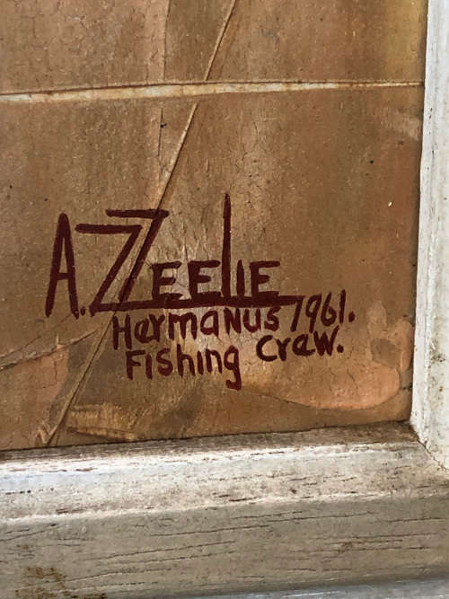 ADELIO ZAGNI ZEELIE (SA 1911 - 1991 ) GORGEOUS FRAMED OIL ON BOARD - 1961 HERMANUS FISHING CREW