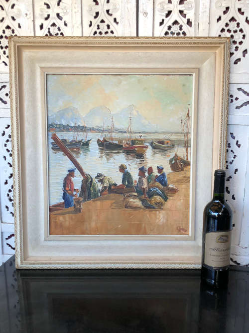 ADELIO ZAGNI ZEELIE (SA 1911 - 1991 ) GORGEOUS FRAMED OIL ON BOARD - 1961 HERMANUS FISHING CREW