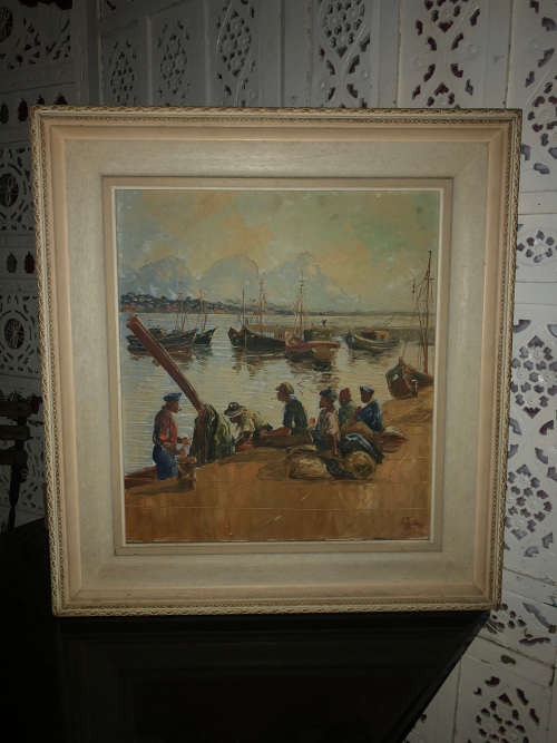 ADELIO ZAGNI ZEELIE (SA 1911 - 1991 ) GORGEOUS FRAMED OIL ON BOARD - 1961 HERMANUS FISHING CREW
