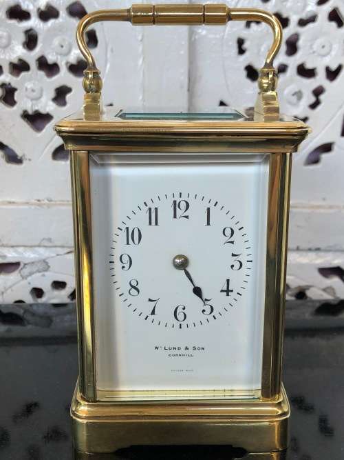 LARGE BRASS AND GLASS FRENCH CHIMING CARRIAGE CLOCK - SELLING AS IS - NO KEY AND NOT WORKING