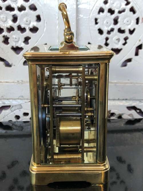 LARGE BRASS AND GLASS FRENCH CHIMING CARRIAGE CLOCK - SELLING AS IS - NO KEY AND NOT WORKING