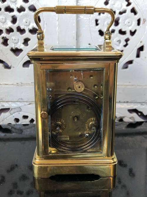 LARGE BRASS AND GLASS FRENCH CHIMING CARRIAGE CLOCK - SELLING AS IS - NO KEY AND NOT WORKING