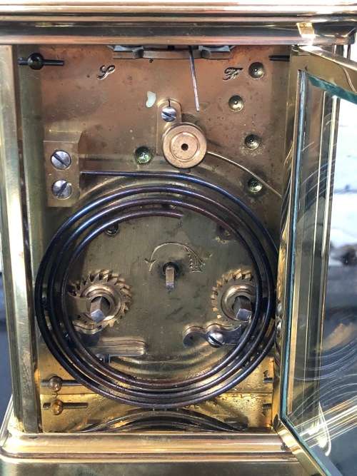 LARGE BRASS AND GLASS FRENCH CHIMING CARRIAGE CLOCK - SELLING AS IS - NO KEY AND NOT WORKING