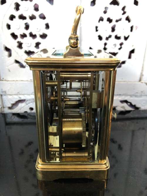 LARGE BRASS AND GLASS FRENCH CHIMING CARRIAGE CLOCK - SELLING AS IS - NO KEY AND NOT WORKING