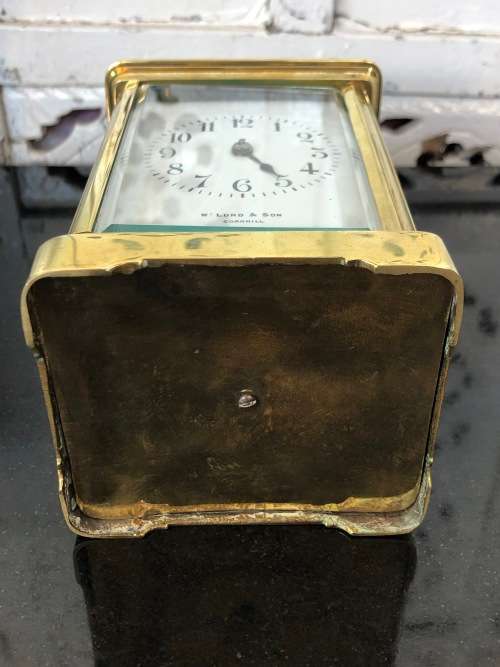 LARGE BRASS AND GLASS FRENCH CHIMING CARRIAGE CLOCK - SELLING AS IS - NO KEY AND NOT WORKING