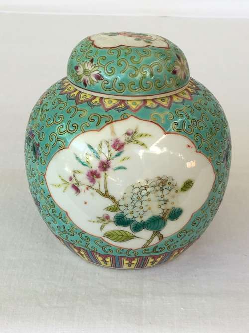 Chinese Zhong Guo Jingdezhen Zhi c1960 Green Base Enamel Hand Painted Ginger Jar