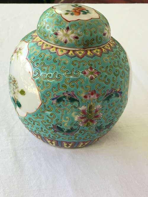 Chinese Zhong Guo Jingdezhen Zhi c1960 Green Base Enamel Hand Painted Ginger Jar