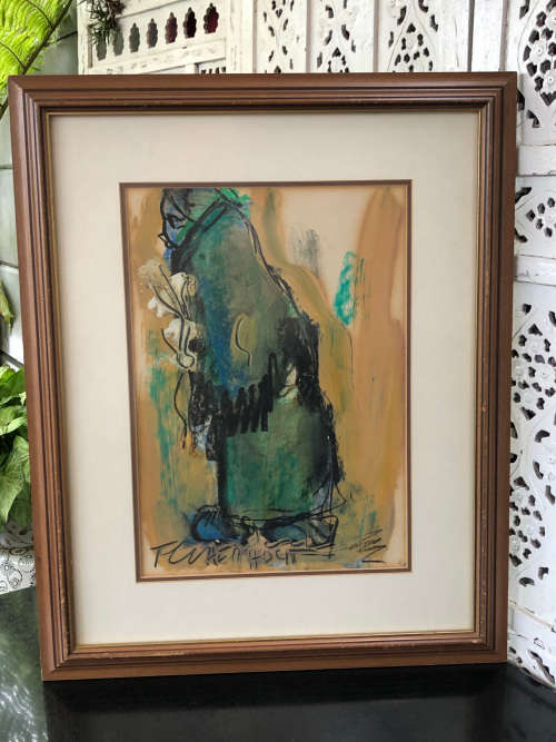 INVESTMENT ART !! FRANS CLAERHOUT (SA 1919 - 2006) - FRAMED ORIGINAL MIXED MEDIA - LADY WITH FLOWERS