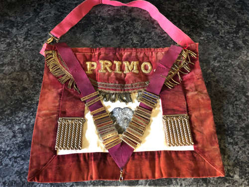 RARE FIND !!! VINTAGE FREEMASON REGALIA LODGE ROYAL ORDER BUFFALOES (PRIMO) APRON AND RIBBON