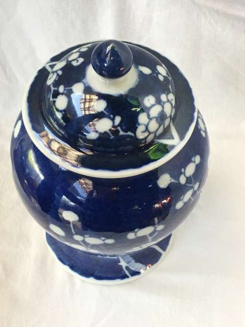 Chinese Porcelain Kangxi Mark Double Blue Ring Prunus Lidded Urn, Hand Painted Under Glaze.