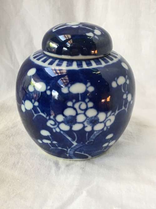 Chinese Porcelain Kangxi Mark Double Blue Ring Prunus Lidded Ginger Jar, Hand Painted Under Glaze.