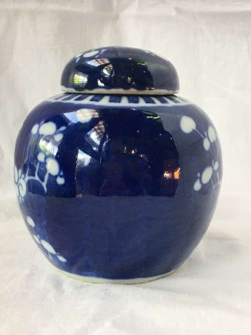 Chinese Porcelain Kangxi Mark Double Blue Ring Prunus Lidded Ginger Jar, Hand Painted Under Glaze.