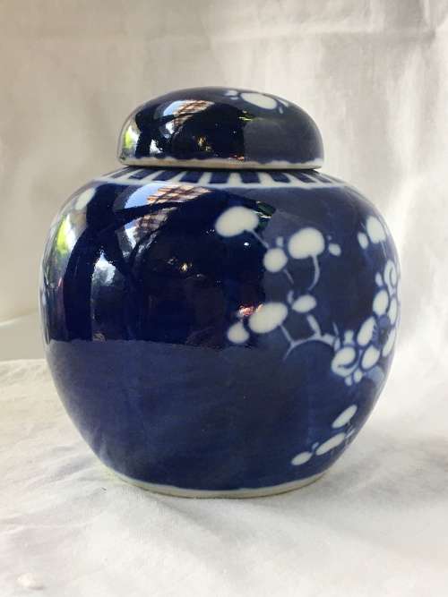 Chinese Porcelain Kangxi Mark Double Blue Ring Prunus Lidded Ginger Jar, Hand Painted Under Glaze.