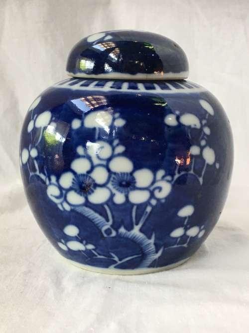 Chinese Porcelain Kangxi Mark Double Blue Ring Prunus Lidded Ginger Jar, Hand Painted Under Glaze.