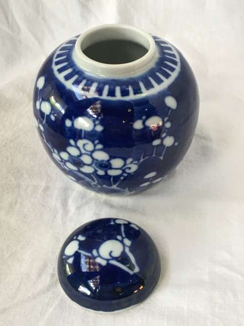 Chinese Porcelain Kangxi Mark Double Blue Ring Prunus Lidded Ginger Jar, Hand Painted Under Glaze.