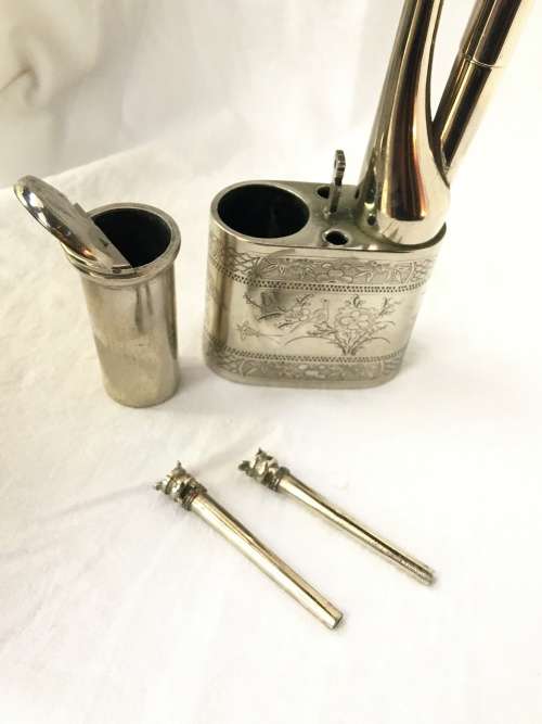 WOW !!! AWESOME LARGE CHINESE SILVER OPIUM PIPE WITH ALL PIECES COMPLETE