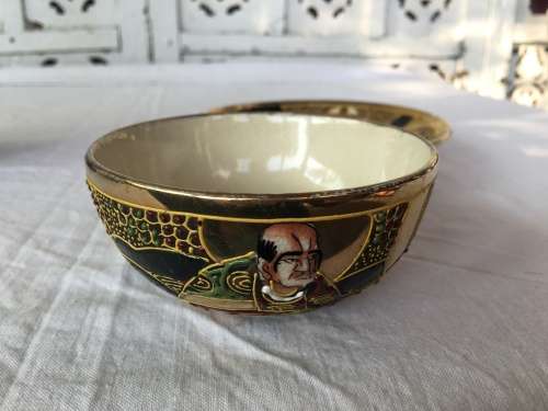 Meiji Japanese Satsuma Moriage Dragon Ware Cup and Saucer Mark: Futaji Shimazu family crest
