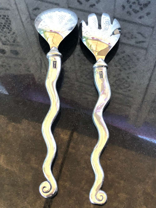 1 WEEK SALE !!! CARROL BOYES FUNCTIONAL ART !!! SPOTTED WAVE PATTERN SALAD SERVERS - CLEARLY MARKED