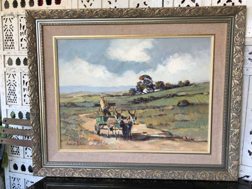 1 WEEK SALE !!! PIERRE DE VILLIERS (1921 - 2004) EXQUISITE FRAMED OIL ON BOARD - DONKEY CART