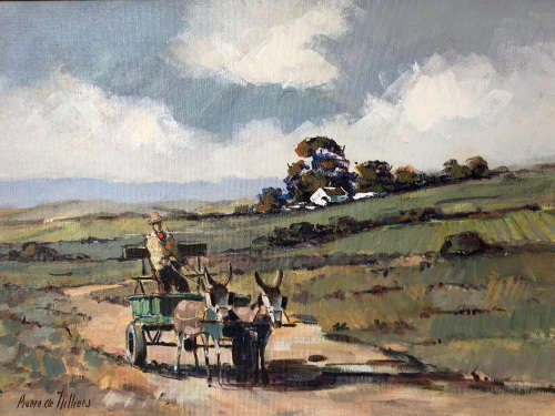 1 WEEK SALE !!! PIERRE DE VILLIERS (1921 - 2004) EXQUISITE FRAMED OIL ON BOARD - DONKEY CART