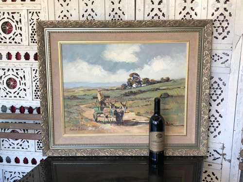 1 WEEK SALE !!! PIERRE DE VILLIERS (1921 - 2004) EXQUISITE FRAMED OIL ON BOARD - DONKEY CART