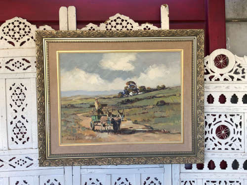 1 WEEK SALE !!! PIERRE DE VILLIERS (1921 - 2004) EXQUISITE FRAMED OIL ON BOARD - DONKEY CART