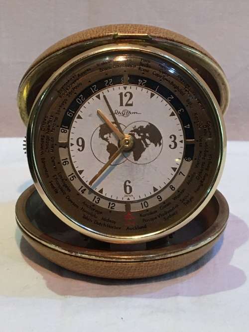 Vintage Rhythm Japan Wind-Up World Time Travel Alarm Mechanical BRASS Clock in Leather Case